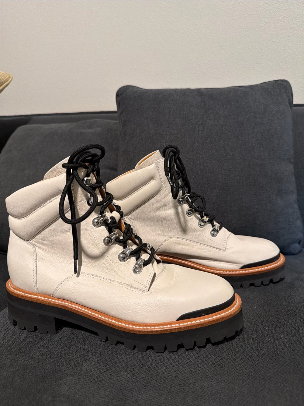 Marc Fisher White Leather Cream Lace-Up Lug Sole Boots